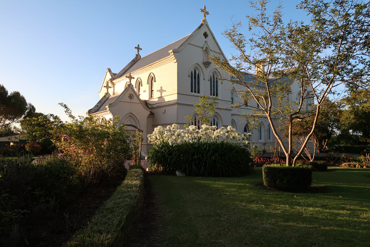 A view of the Convent from the front looking through the garden in the afternoon light.
