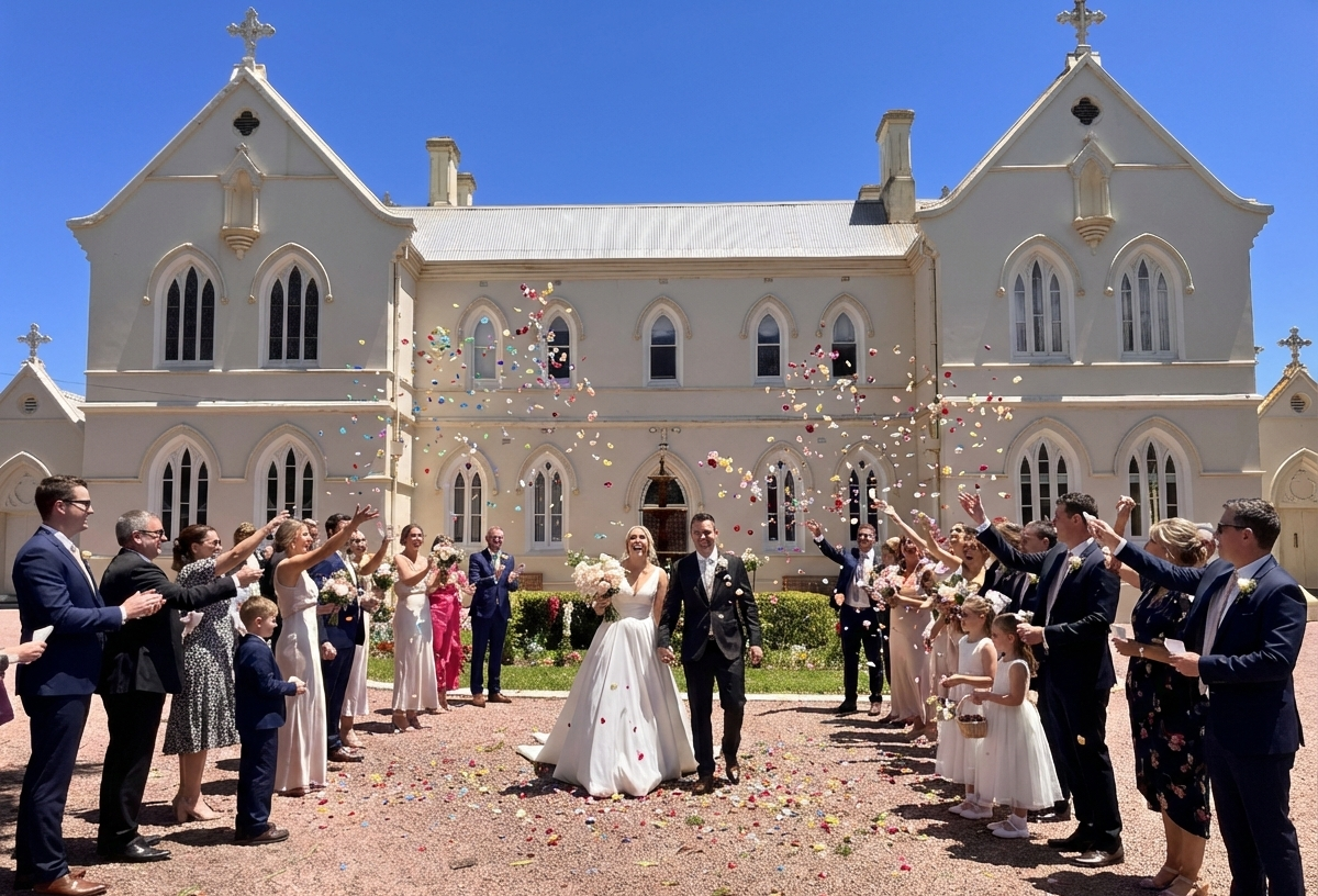 Wedding celebration with confetti in front of the Convent at Koroit