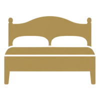 A minimalist gold icon of a bed with two pillows on a solid cream background.