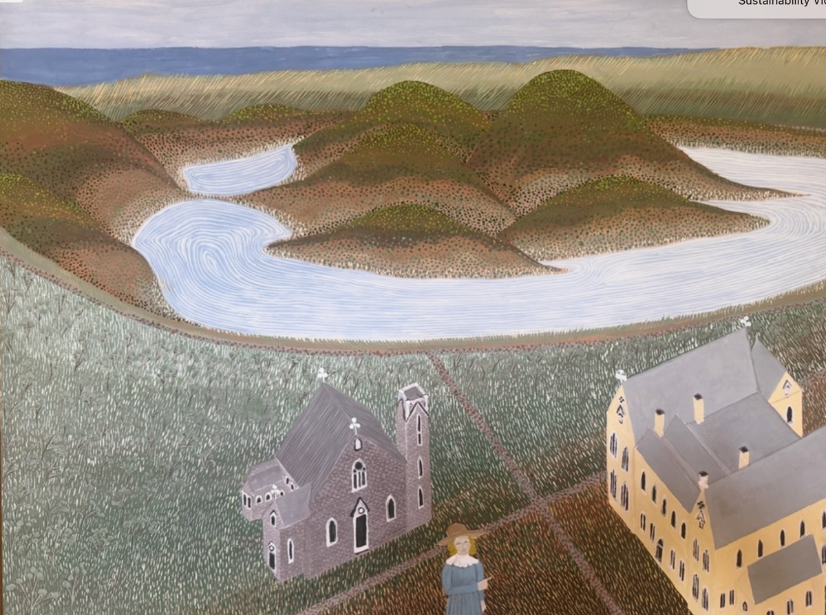 Art of the Stony Rises. A commissioned painting by Ned Johnson who grew up on a soldier settlement block at Minhamite in the 1950s.