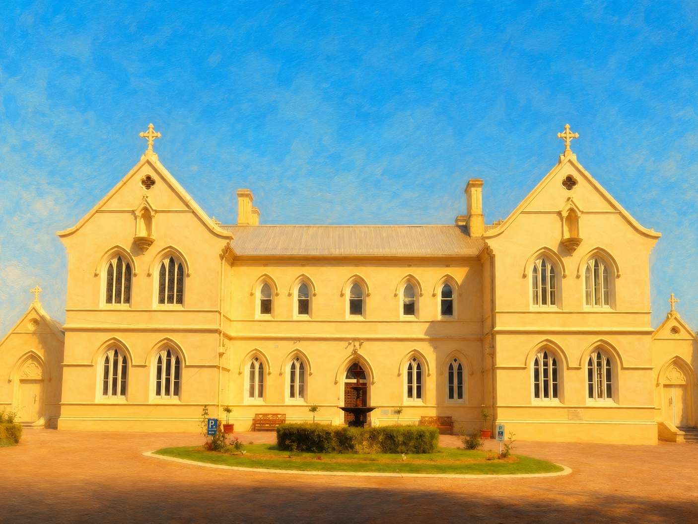 A large cream-colored convent building with arched windows and crosses on the gables, set against a bright blue sky with a warm golden light.