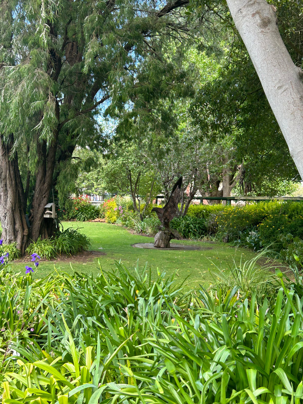 A serene garden at the Convent at Koroit, featuring a statue of an eagle surrounded by lush greenery and peaceful pathways.