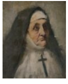 "19th-century German oil painting of a nun, by an unknown artist, showing a solemn figure who likely endured suffering but gazes upward with hope. The painting conveys a sense of resilience and faith, capturing the nun's inner strength and devotion."