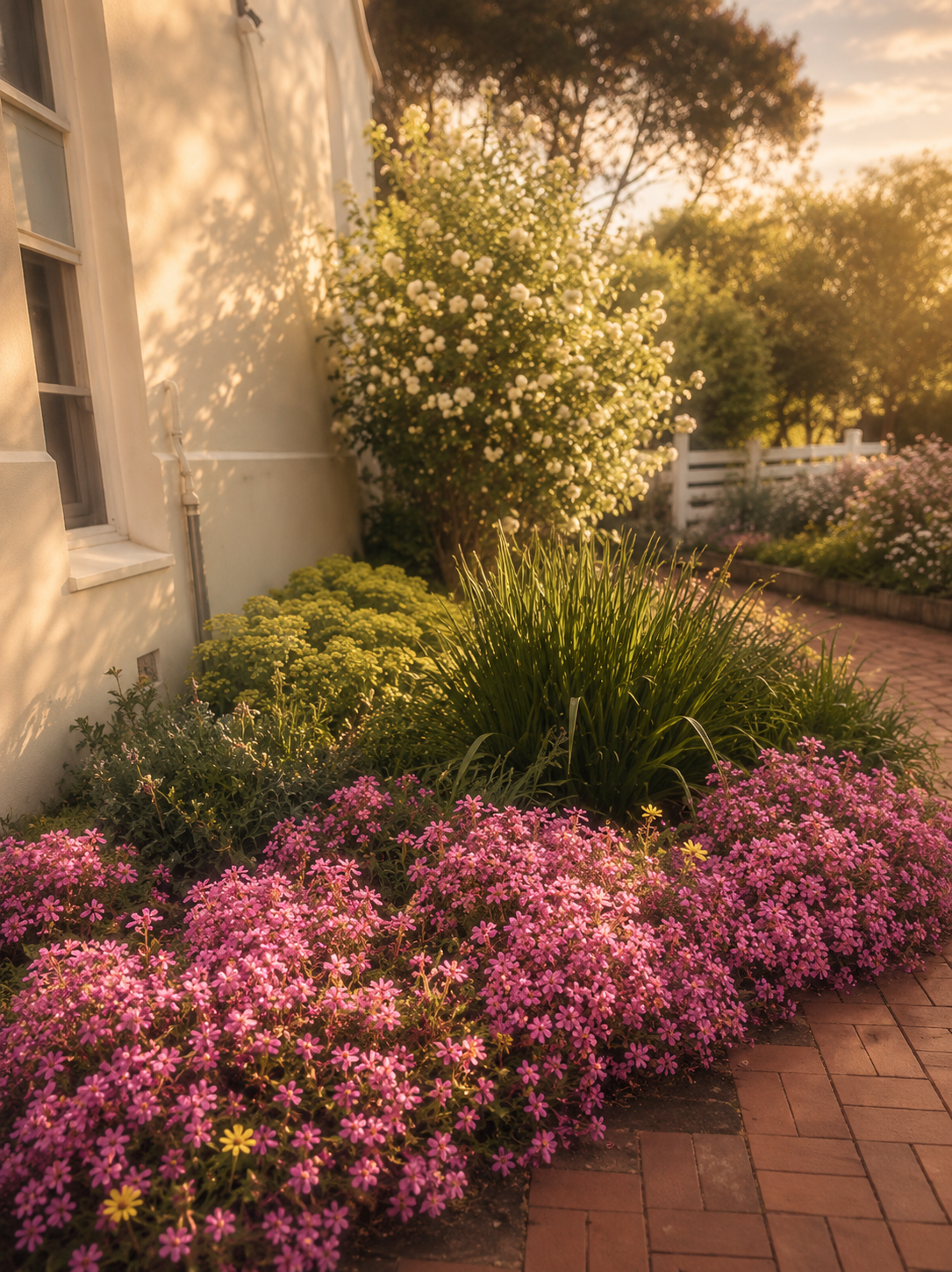 Pink flowers in a garden bed with a building in the background at the Convent at Koroit.