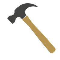 A minimalist illustration of a claw hammer with a black metal head and a tan handle, centered on a solid off-white background.